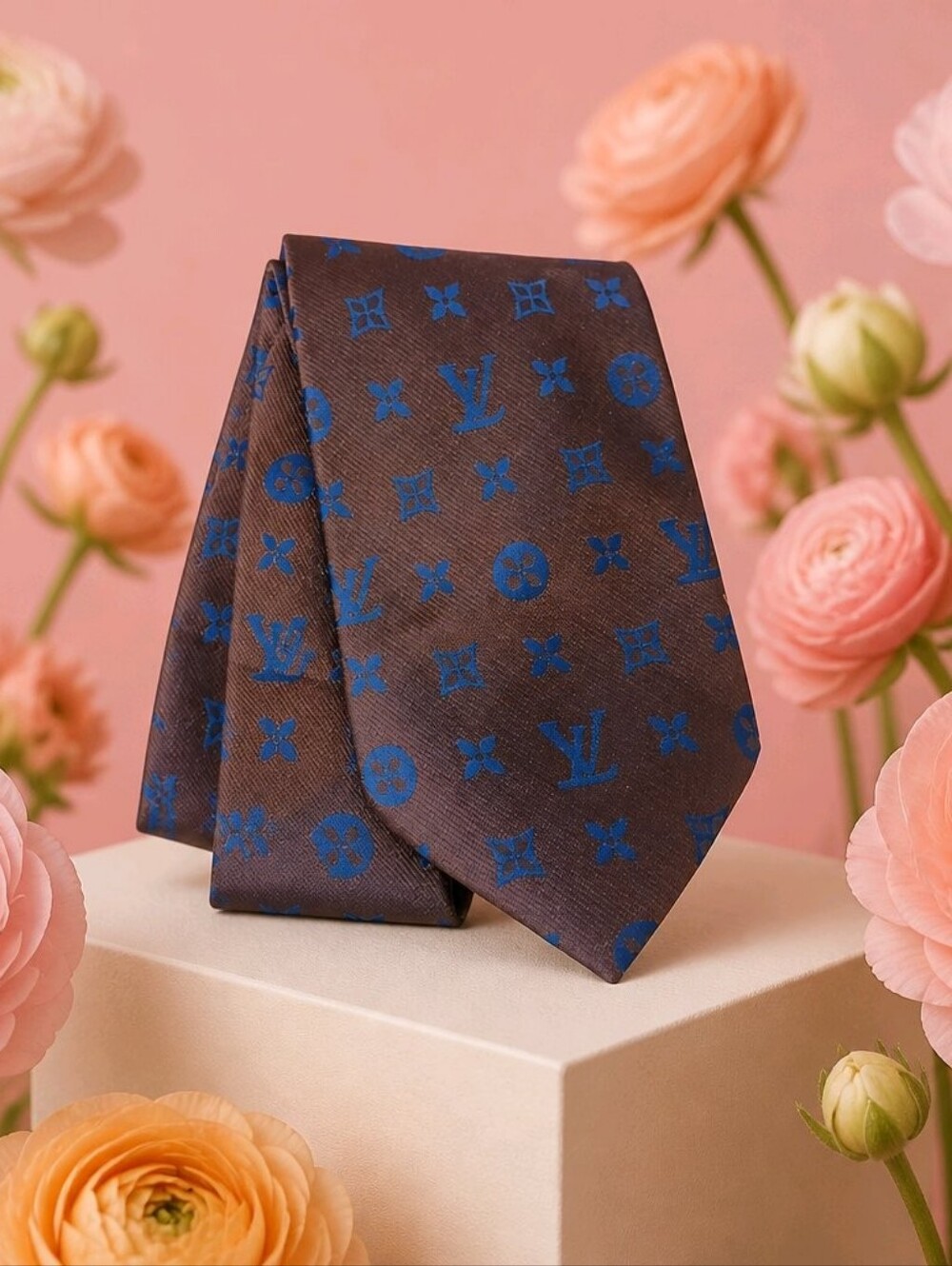 Vintage Louis Vuitton Brown Tie with Blue Monogram Geometric Design (1169)